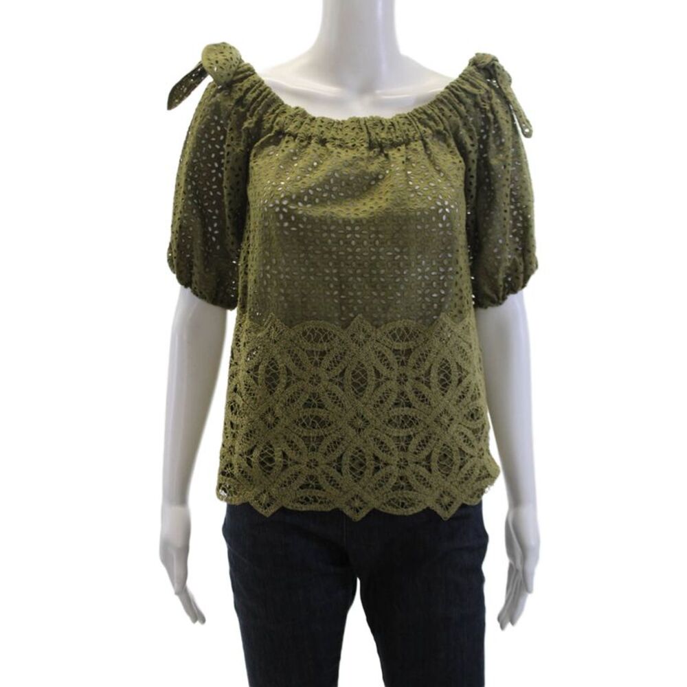 Sharis Womens Cotton Off-the-Shoulder Short Sleeve Blouse Green Size 4
